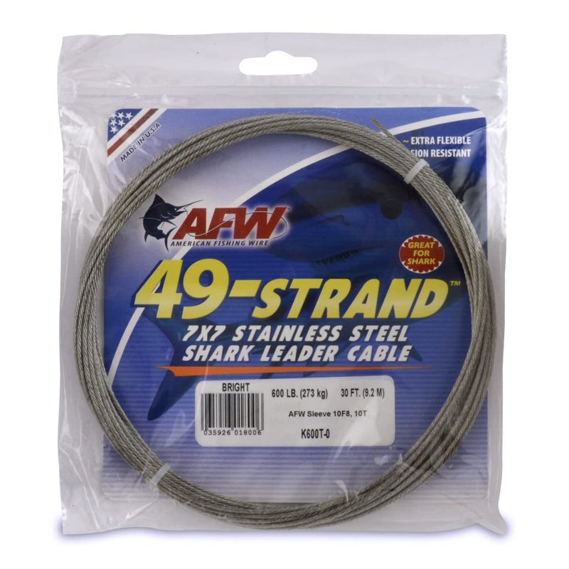 AFW American Fishing Wire 49 Strand, 7x7 Stainless Steel Shark Leader Cable, 600 lb / 273 kg Test, .072 in / 1.83 mm Dia, Bright, 30 ft / 9.2 m - Image 1